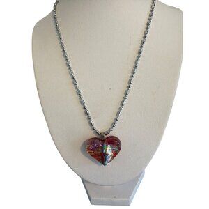 Vtg Dichroic Glass Heart Pendant Necklace Silver Tone Ball Bead Chain 16" Estate